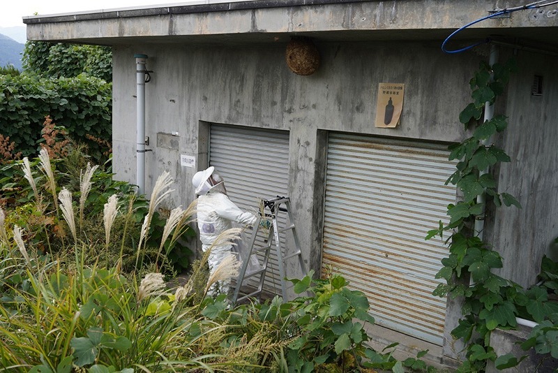 富山の倉庫の軒下にできたスズメバチの巨大な巣