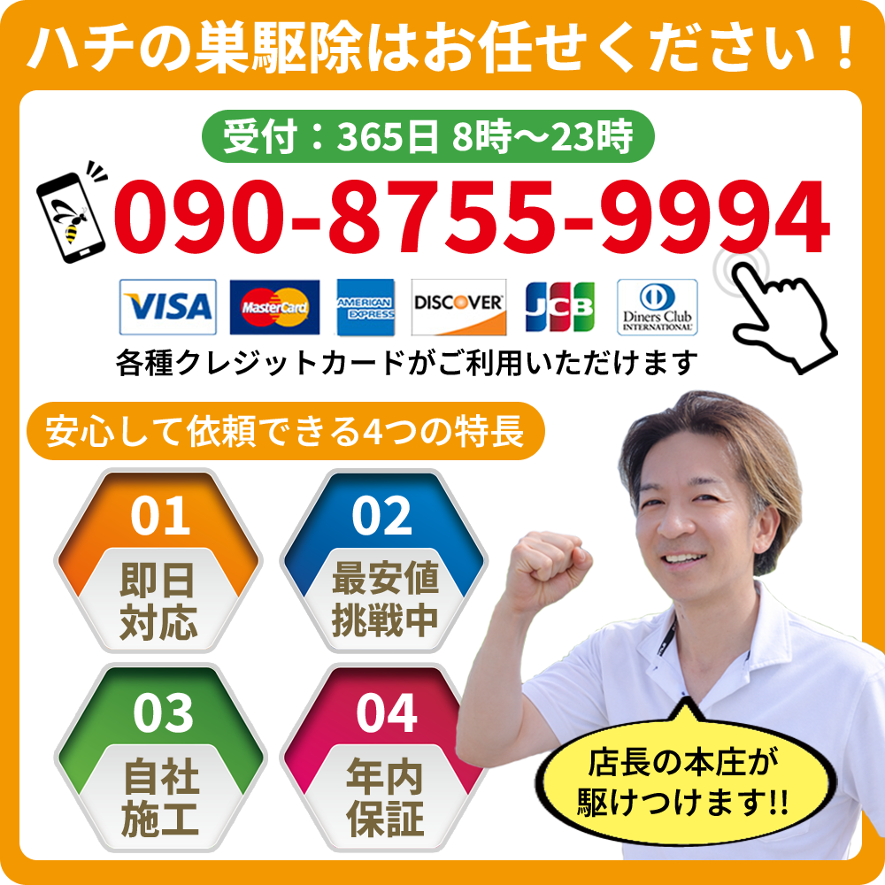 ハチの巣駆除業者の特徴と電話受付時間を紹介する広告画像