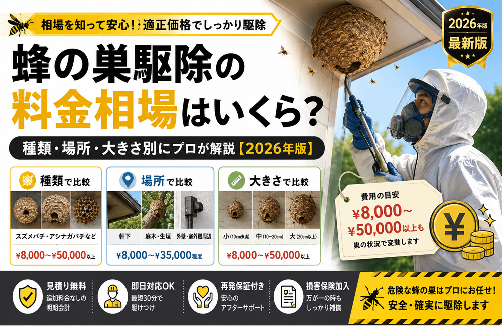 蜂の巣駆除の料金相場を種類・場所・大きさ別に比較した2026年版の解説画像。防護服を着た作業員が軒下の蜂の巣を駆除している様子と、費用目安や対応ポイントを掲載。