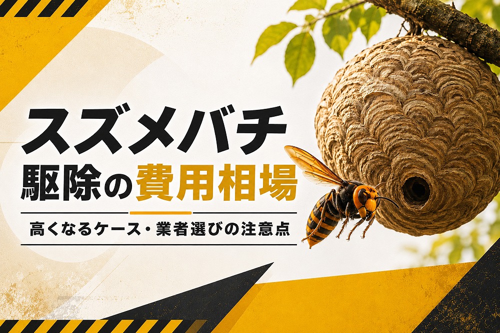 スズメバチの巣と蜂のイメージを使った、スズメバチ駆除の費用相場を解説する記事のアイキャッチ画像。