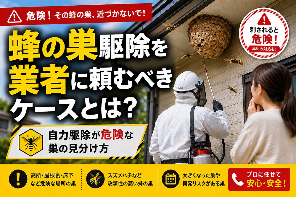 蜂の巣駆除を業者に頼むべき危険なケースを解説するアイキャッチ画像