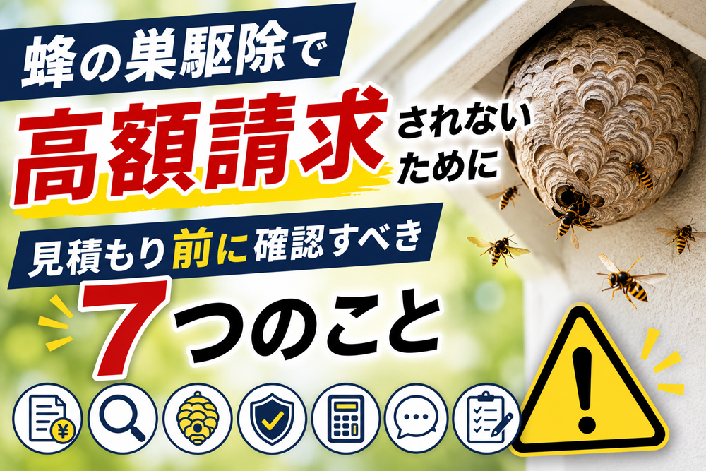 蜂の巣駆除で高額請求されないために、見積もり前に確認すべき7つのことを紹介するアイキャッチ画像