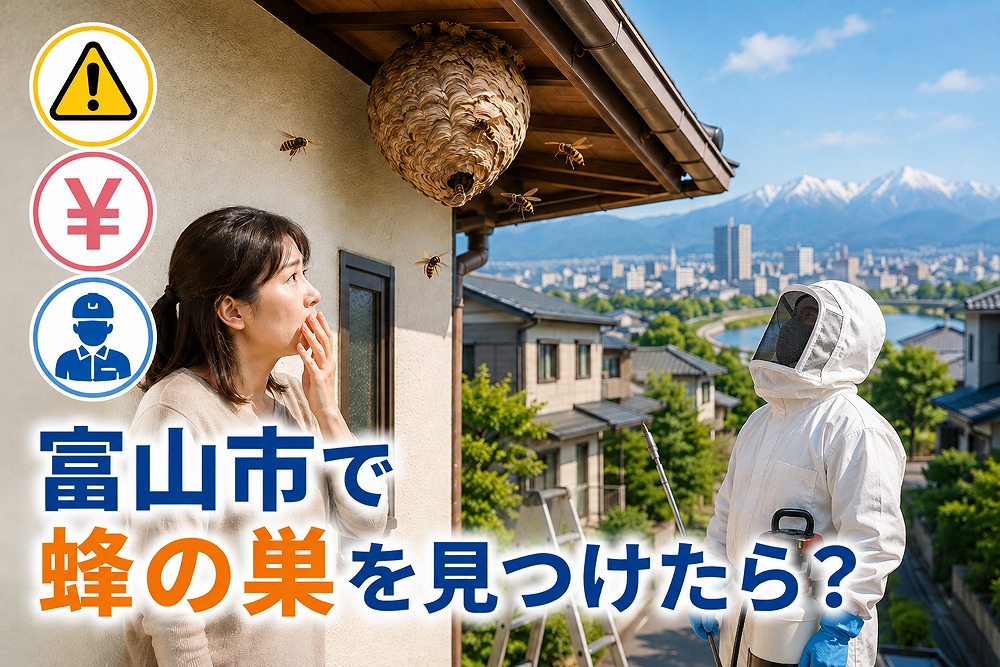 富山市の住宅軒下にできた大きな蜂の巣を見つけて驚く女性と、防護服を着た駆除業者が対応する様子。駆除費用や業者依頼の必要性を示すアイキャッチ画像。