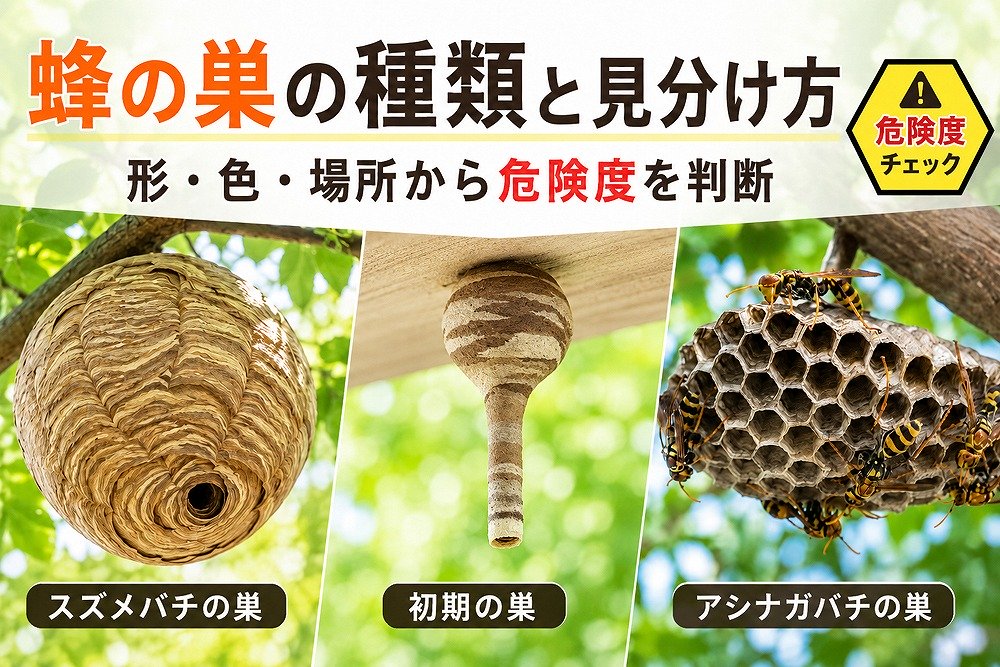 蜂の巣の種類と見分け方。スズメバチの巣、初期のとっくり型の巣、アシナガバチの巣を比較し、形・色・場所から危険度を判断する画像。