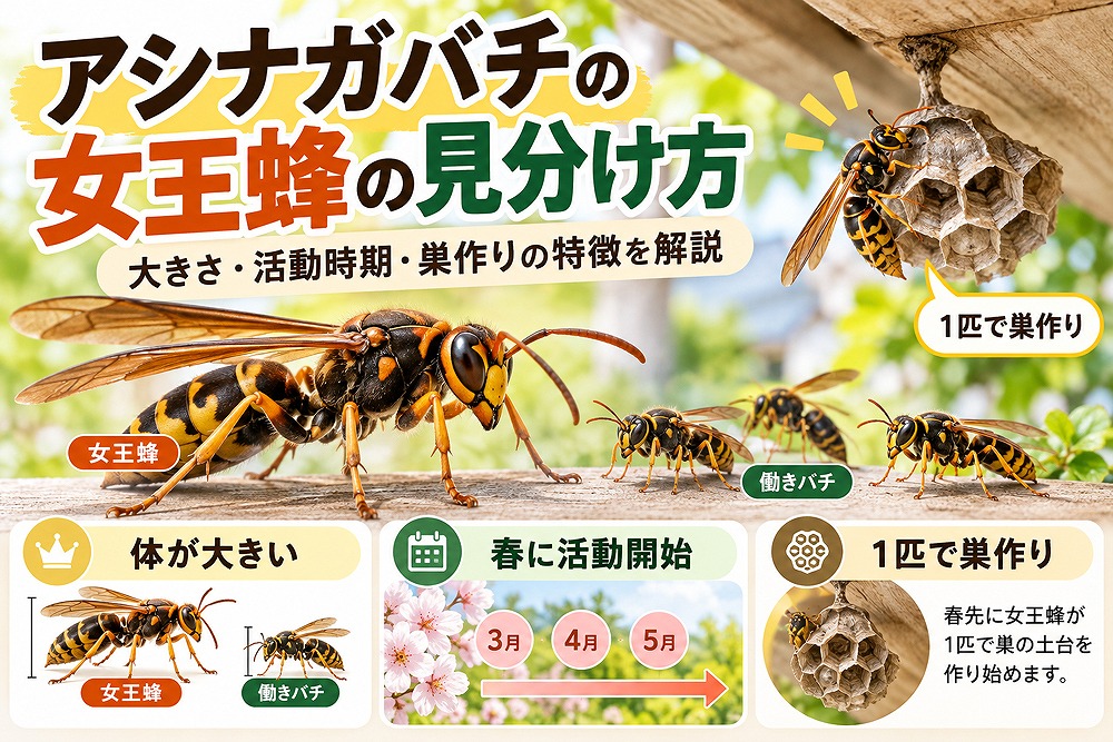 アシナガバチの女王蜂と働き蜂の大きさ・春の活動時期・巣作りを比較した解説画像